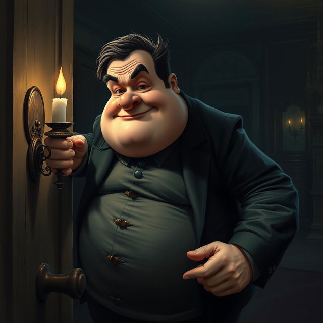 A chubby man with a broken waist is stealthily stealing a candle from a dark, mysterious room