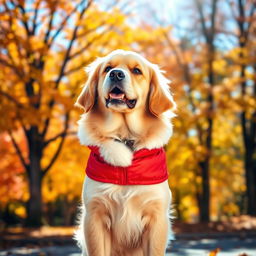 A cute dog wearing a stylish jacket, standing outdoors in a vibrant park filled with colorful autumn leaves