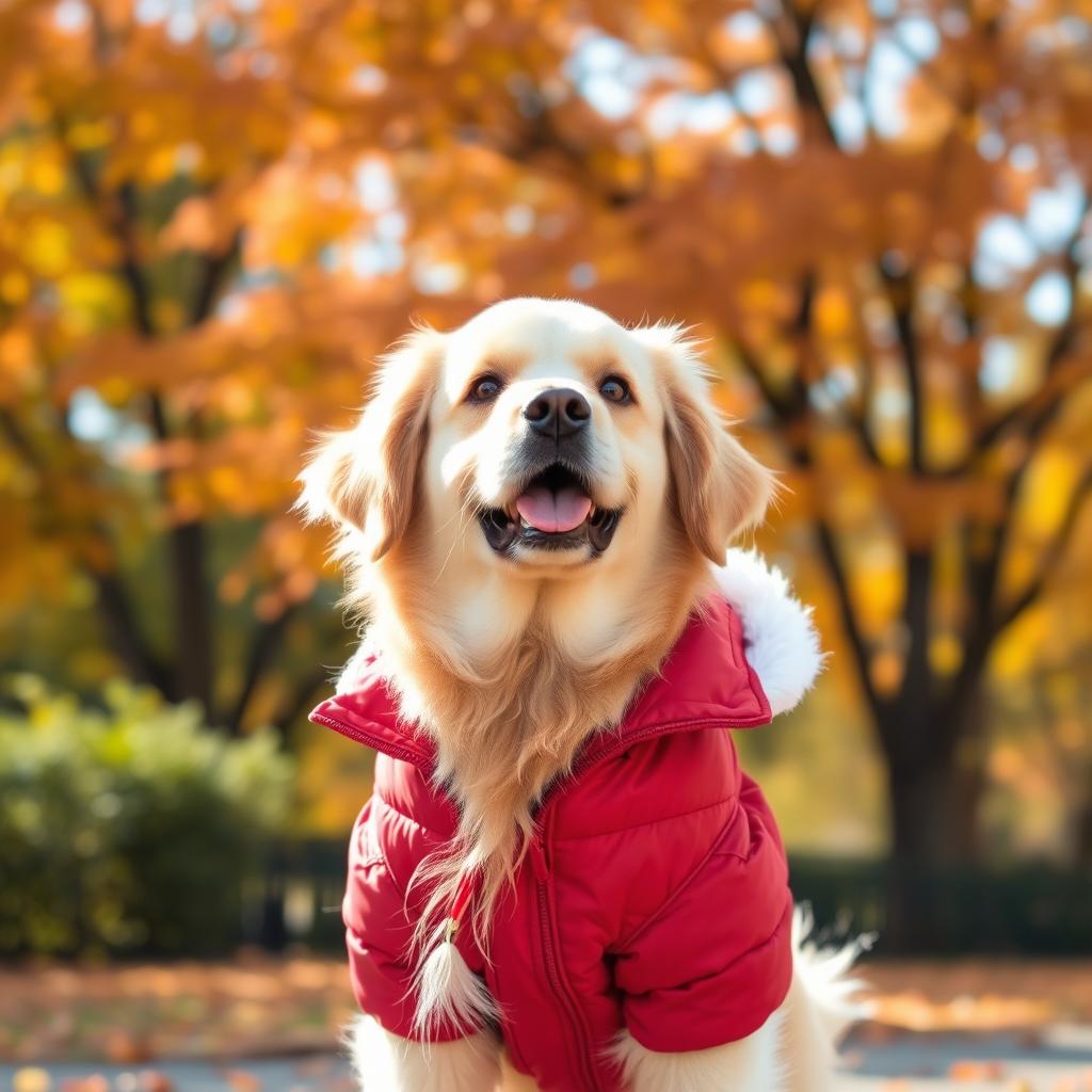 A cute dog wearing a stylish jacket, standing outdoors in a vibrant park filled with colorful autumn leaves