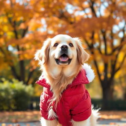 A cute dog wearing a stylish jacket, standing outdoors in a vibrant park filled with colorful autumn leaves