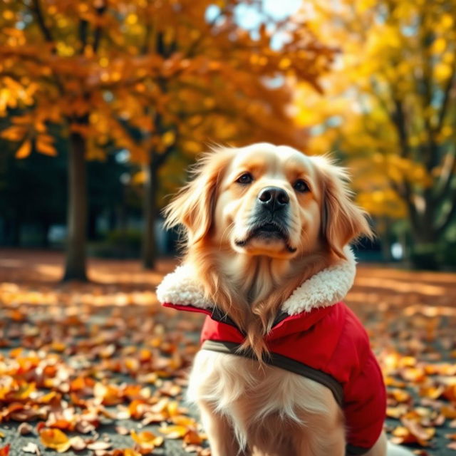 A cute dog wearing a stylish jacket, standing outdoors in a vibrant park filled with colorful autumn leaves