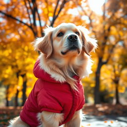 A cute dog wearing a stylish jacket, standing outdoors in a vibrant park filled with colorful autumn leaves