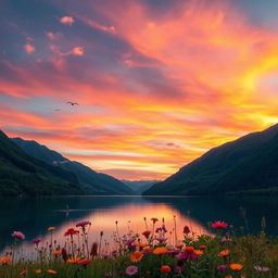 A serene landscape featuring a tranquil lake surrounded by lush green mountains and a vibrant sky during sunset