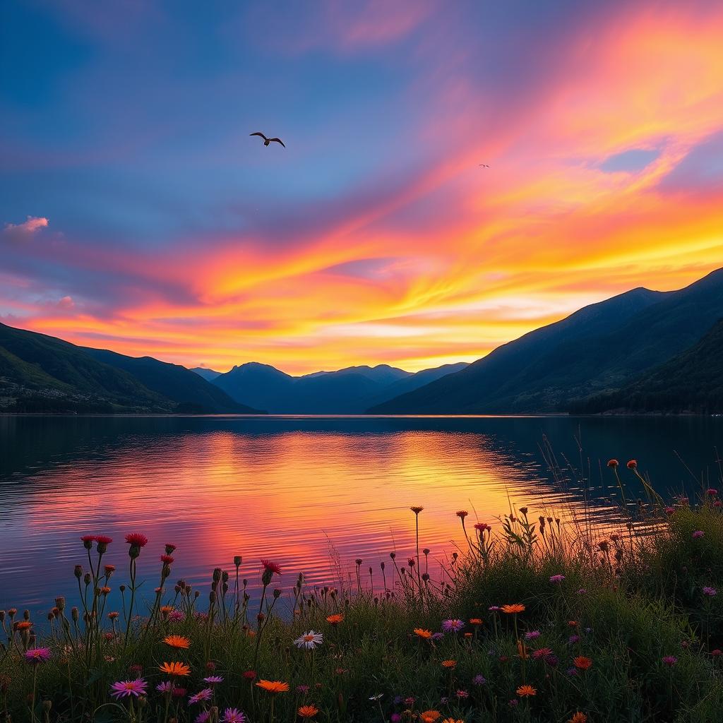 A serene landscape featuring a tranquil lake surrounded by lush green mountains and a vibrant sky during sunset