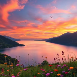A serene landscape featuring a tranquil lake surrounded by lush green mountains and a vibrant sky during sunset
