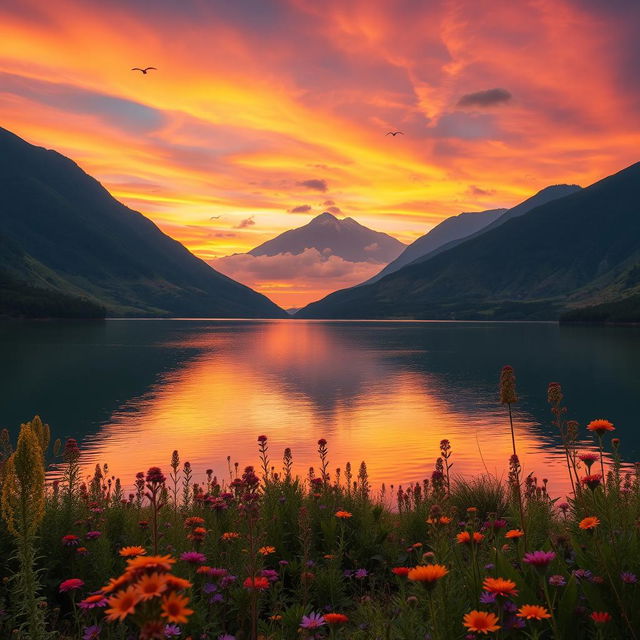 A serene landscape featuring a tranquil lake surrounded by lush green mountains and a vibrant sky during sunset