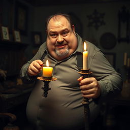 A hefty man with a noticeable curvature of his back is comically attempting to steal an ornate candle from an old, dimly lit room