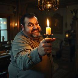 A hefty man with a noticeable curvature of his back is comically attempting to steal an ornate candle from an old, dimly lit room