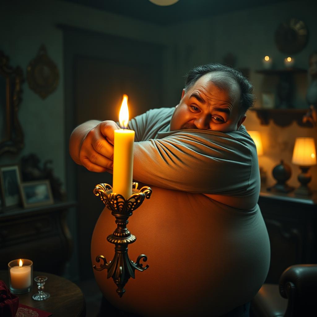 A hefty man with a noticeable curvature of his back is comically attempting to steal an ornate candle from an old, dimly lit room