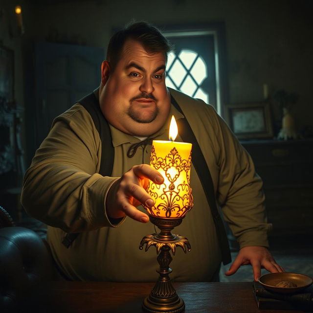 A hefty man with a noticeable curvature of his back is comically attempting to steal an ornate candle from an old, dimly lit room