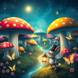 A surreal and whimsical landscape featuring a giant colorful mushroom forest under a starry night sky