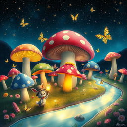 A surreal and whimsical landscape featuring a giant colorful mushroom forest under a starry night sky