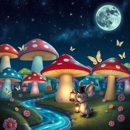 A surreal and whimsical landscape featuring a giant colorful mushroom forest under a starry night sky