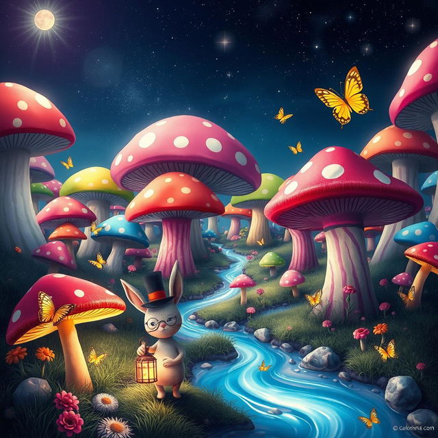 A surreal and whimsical landscape featuring a giant colorful mushroom forest under a starry night sky