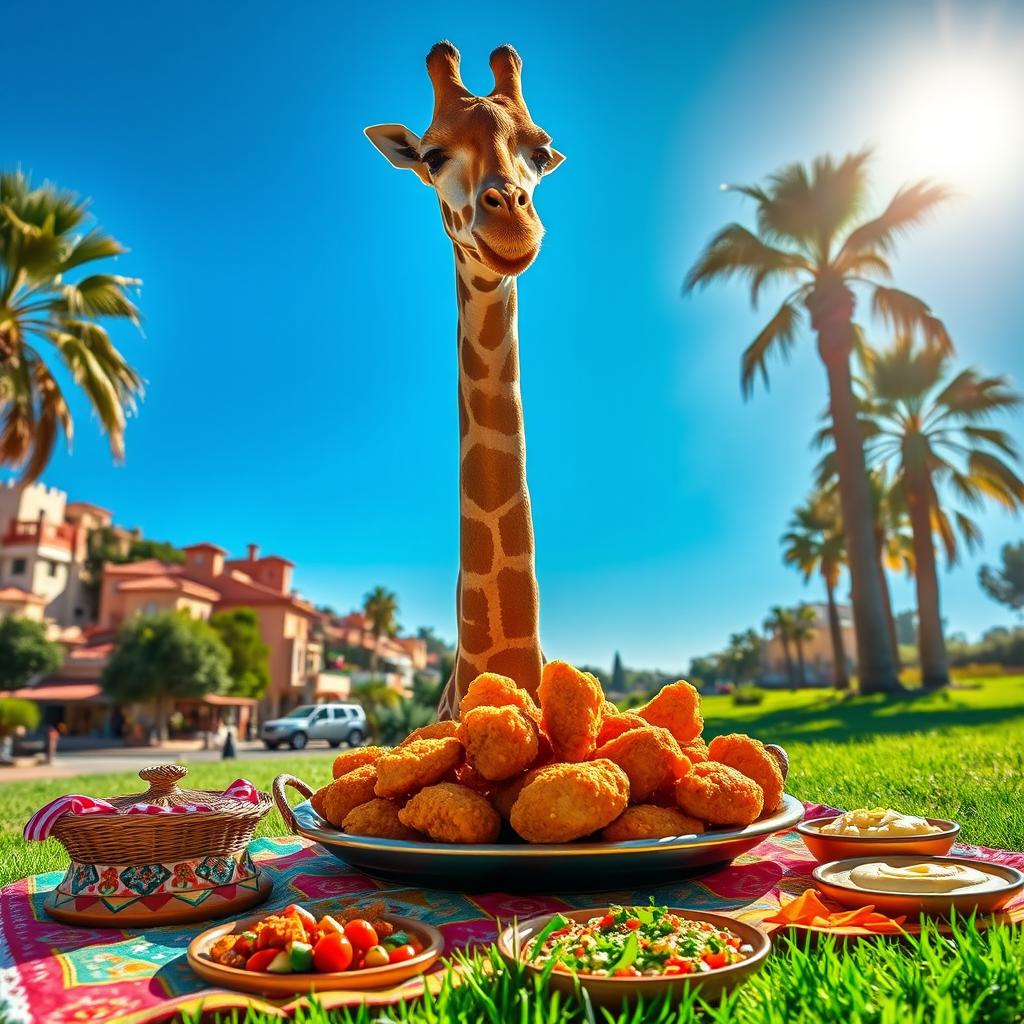 An unbelievable random image of a giraffe in a vibrant Lebanese landscape, joyfully eating fried chicken