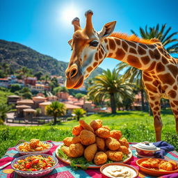 An unbelievable random image of a giraffe in a vibrant Lebanese landscape, joyfully eating fried chicken