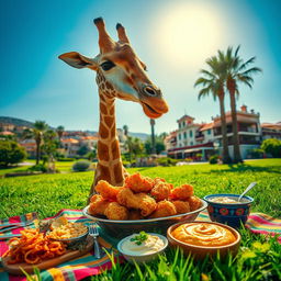 An unbelievable random image of a giraffe in a vibrant Lebanese landscape, joyfully eating fried chicken