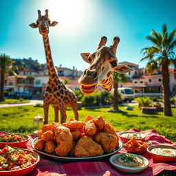 An unbelievable random image of a giraffe in a vibrant Lebanese landscape, joyfully eating fried chicken