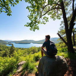 A serene landscape featuring a person deep in thought, surrounded by lush greenery, tall trees, and gentle hills