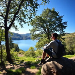 A serene landscape featuring a person deep in thought, surrounded by lush greenery, tall trees, and gentle hills