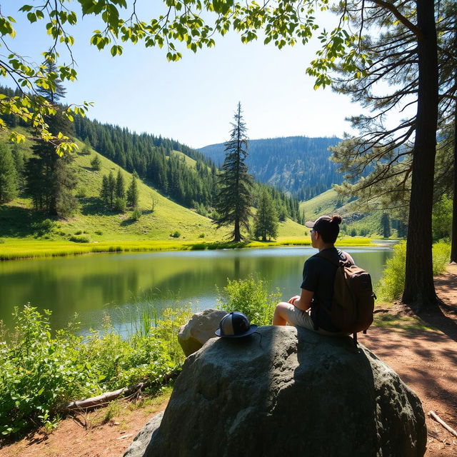 A serene landscape featuring a person deep in thought, surrounded by lush greenery, tall trees, and gentle hills