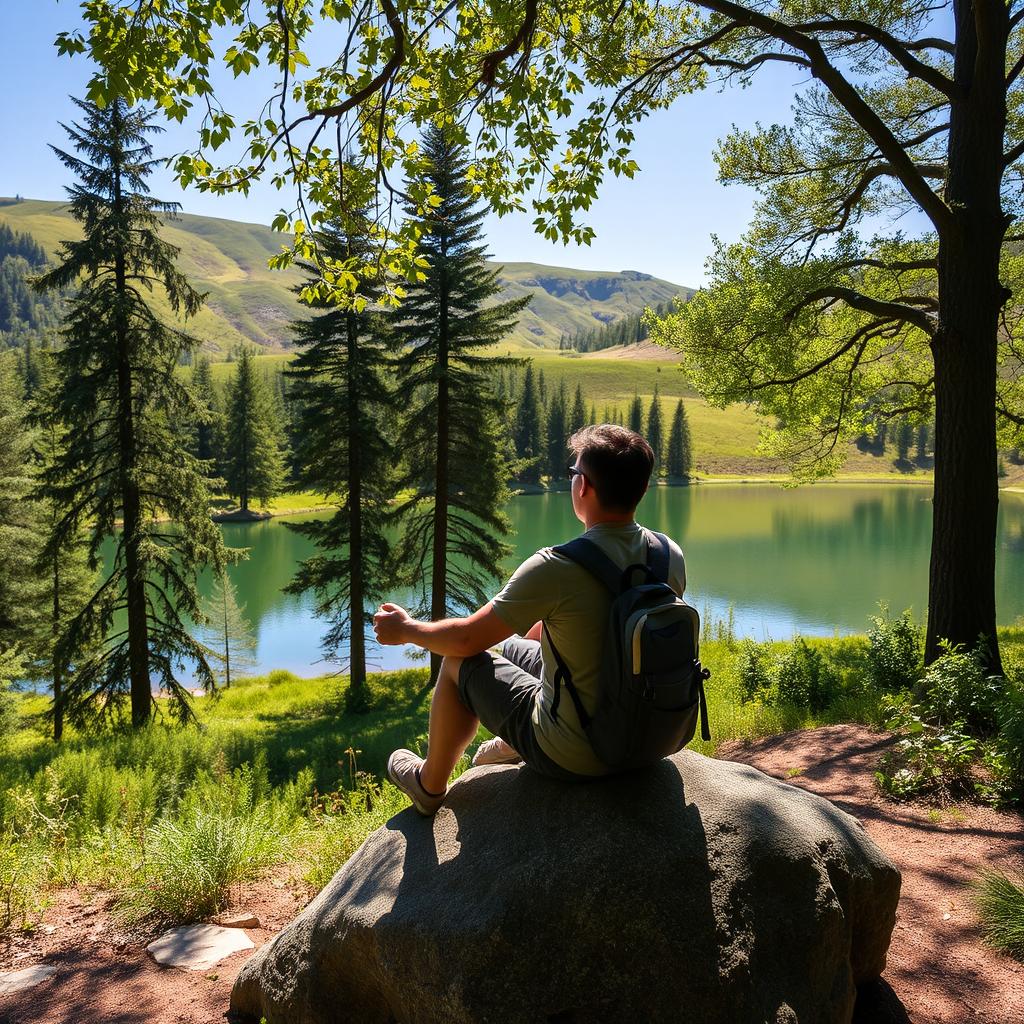A serene landscape featuring a person deep in thought, surrounded by lush greenery, tall trees, and gentle hills