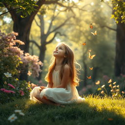 A young girl lost in thought amidst a lush and vibrant natural setting, surrounded by towering trees, blooming flowers, and soft rays of sunlight filtering through the leaves