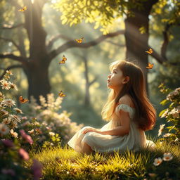 A young girl lost in thought amidst a lush and vibrant natural setting, surrounded by towering trees, blooming flowers, and soft rays of sunlight filtering through the leaves