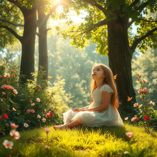 A young girl lost in thought amidst a lush and vibrant natural setting, surrounded by towering trees, blooming flowers, and soft rays of sunlight filtering through the leaves