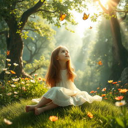 A young girl lost in thought amidst a lush and vibrant natural setting, surrounded by towering trees, blooming flowers, and soft rays of sunlight filtering through the leaves