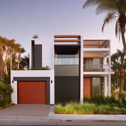 Design a modern three-story building occupying a 100ft x 30ft space with a right-sided garage. The garage features a staircase inside, and the building displays beautiful architectural aesthetics.