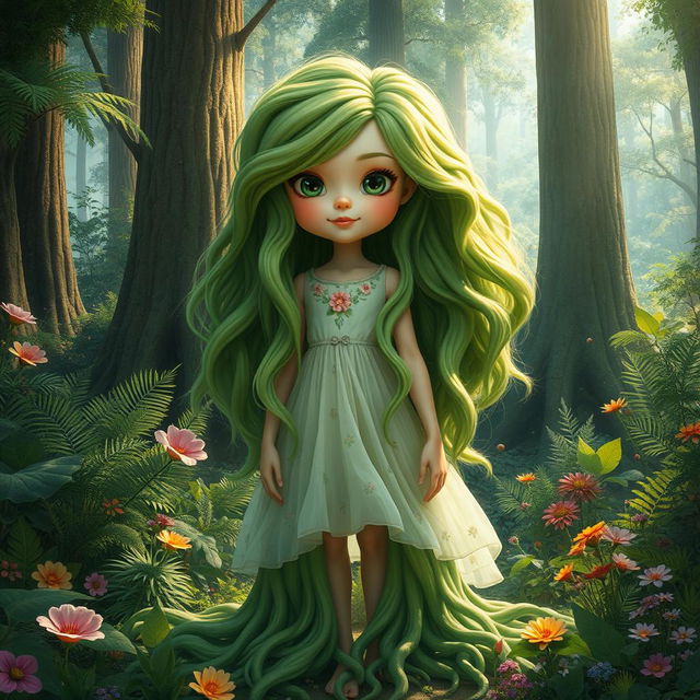 A large girl with green roots, showcasing vibrant, flowing green hair that blends effortlessly into the surroundings, creating a magical and whimsical atmosphere