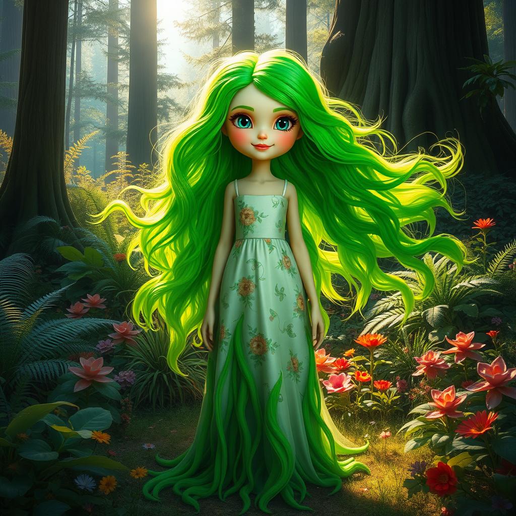 A large girl with green roots, showcasing vibrant, flowing green hair that blends effortlessly into the surroundings, creating a magical and whimsical atmosphere