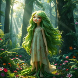 A large girl with green roots, showcasing vibrant, flowing green hair that blends effortlessly into the surroundings, creating a magical and whimsical atmosphere