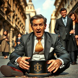 A wealthy man dressed in an elegant suit, complete with a stylish tie and polished shoes, is sitting on the street, pleading for help with an exaggerated expression of desperation