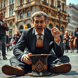 A wealthy man dressed in an elegant suit, complete with a stylish tie and polished shoes, is sitting on the street, pleading for help with an exaggerated expression of desperation