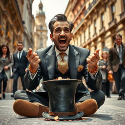 A wealthy man dressed in an elegant suit, complete with a stylish tie and polished shoes, is sitting on the street, pleading for help with an exaggerated expression of desperation