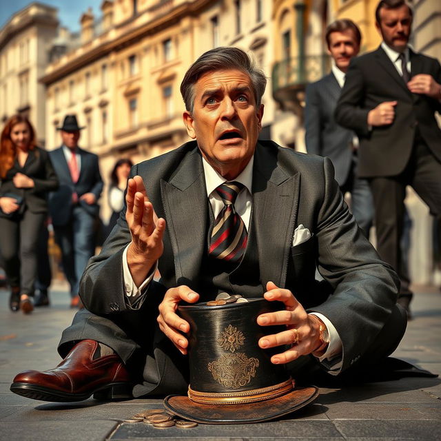 A wealthy man dressed in an elegant suit, complete with a stylish tie and polished shoes, is sitting on the street, pleading for help with an exaggerated expression of desperation