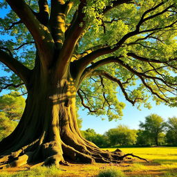 A large, lush green tree with deep roots, standing majestically in a serene landscape