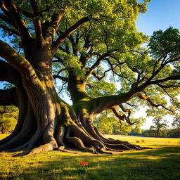 A large, lush green tree with deep roots, standing majestically in a serene landscape