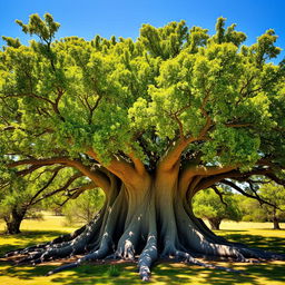 A large, lush green tree with deep roots, standing majestically in a serene landscape