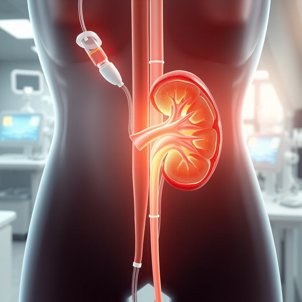 A highly detailed, anatomical illustration of a human kidney showcasing the effects of dialysis treatment