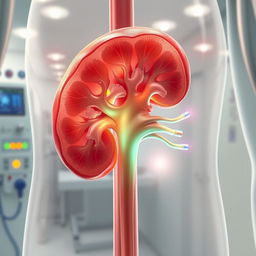 A highly detailed, anatomical illustration of a human kidney showcasing the effects of dialysis treatment