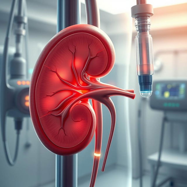 A highly detailed, anatomical illustration of a human kidney showcasing the effects of dialysis treatment