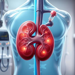 A highly detailed, anatomical illustration of a human kidney showcasing the effects of dialysis treatment