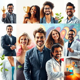 A collection of diverse successful and happy individuals, showcasing a range of professions such as entrepreneurs, artists, and scientists