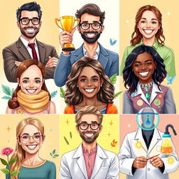 A collection of diverse successful and happy individuals, showcasing a range of professions such as entrepreneurs, artists, and scientists