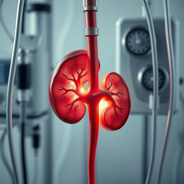 A detailed and intricate depiction of a human kidney, showing the effects of dialysis treatment