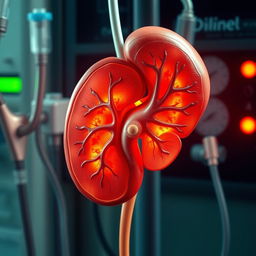 A detailed and intricate depiction of a human kidney, showing the effects of dialysis treatment