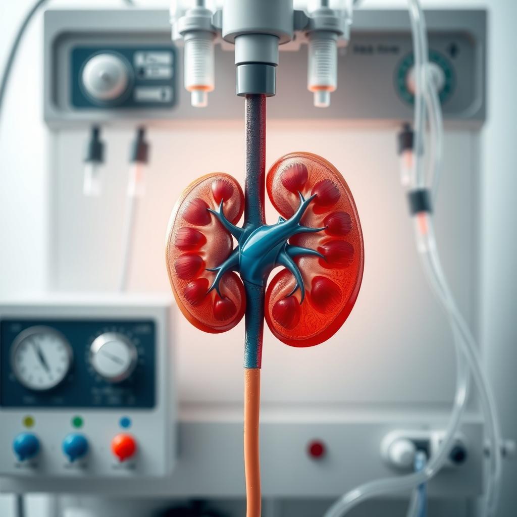 A detailed and intricate depiction of a human kidney, showing the effects of dialysis treatment